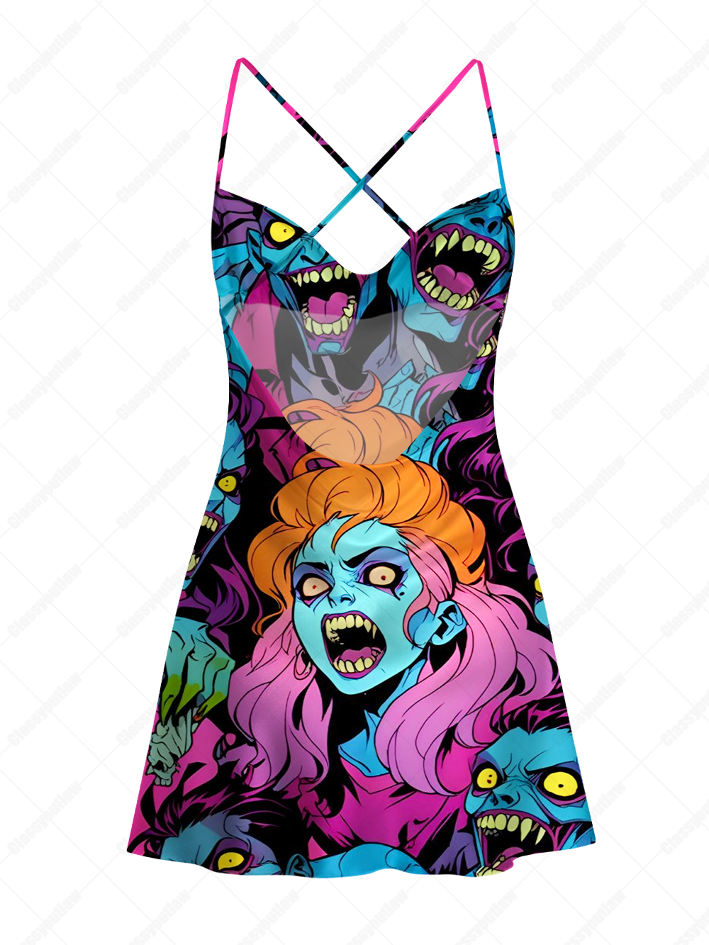 NEON ZOMBIE SCREAM SATIN CROSS BACK MINI DRESS