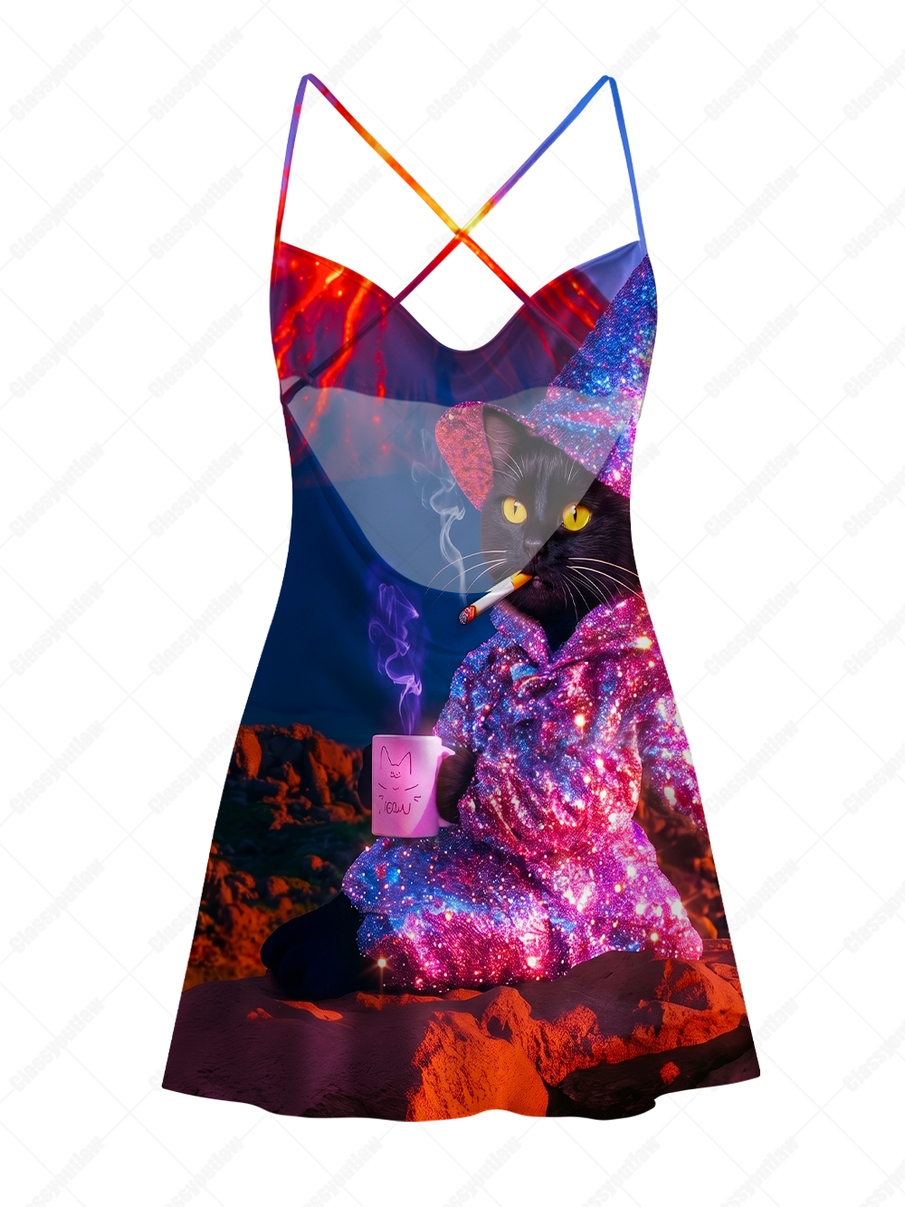 COSMIC WIZARD CAT SATIN CROSS BACK MINI DRESS
