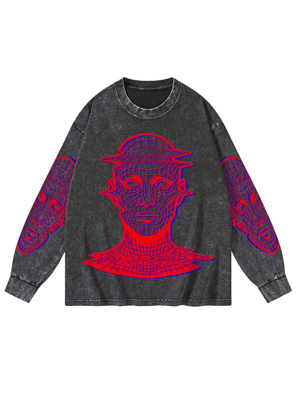 GLITCH WIREFRAME WASHED LONG-SLEEVE GRAPHIC TSHIRT