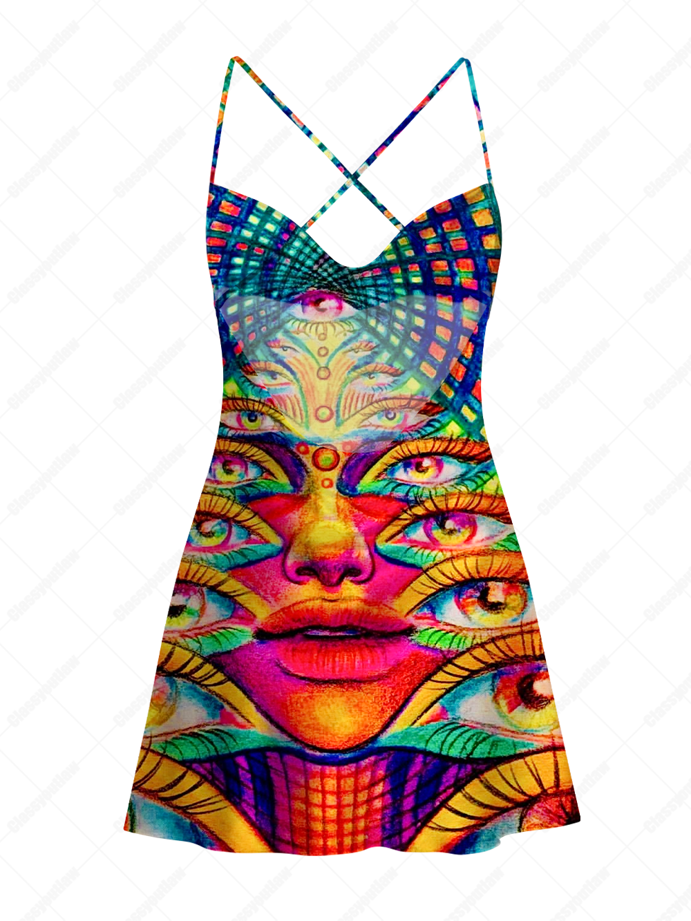 SURREAL VISION SATIN CROSS BACK MINI DRESS