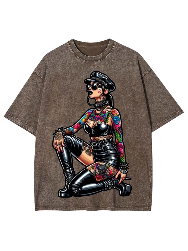 Pinup in Leather and Spikes Washed Tshirt