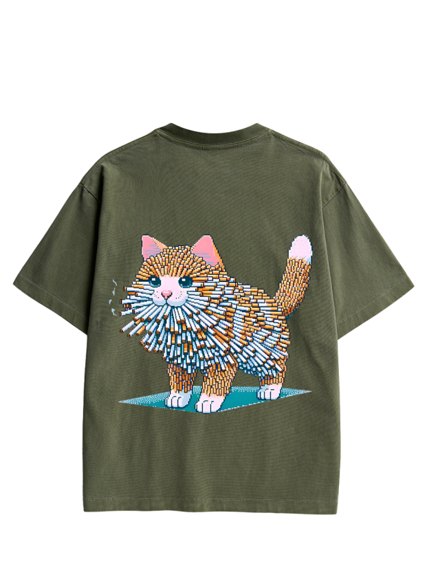Cigarette Cat Double Sided Print Washed TShirt