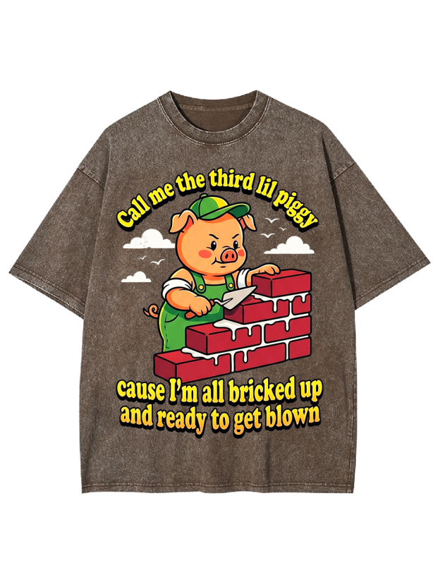 Third Lil Piggy Funny Retro Cartoon Washed Tshirt