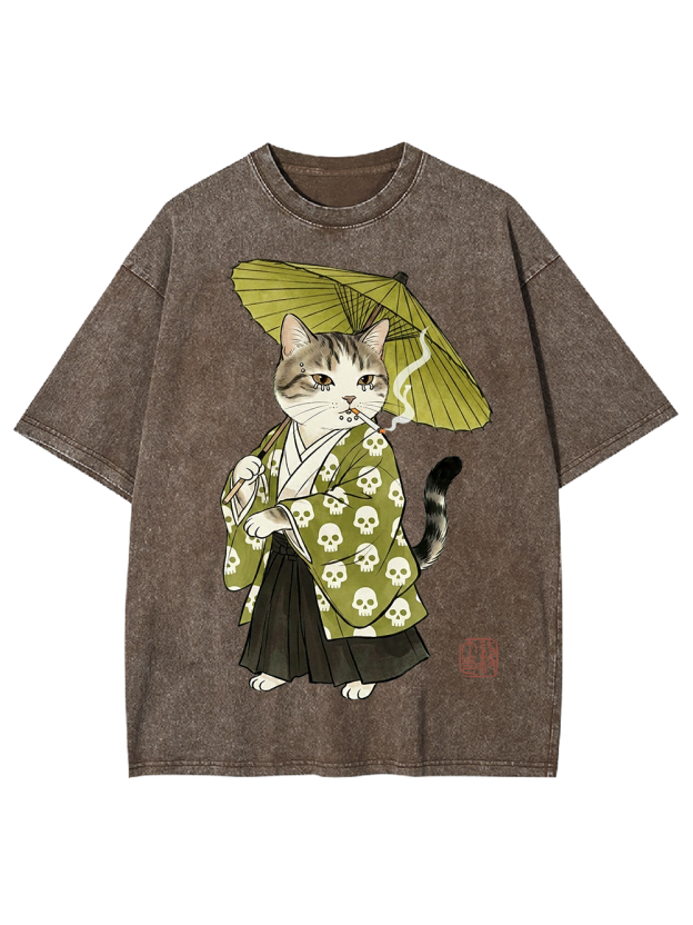 Samurai Cat Ukiyo-e Washed Tshirt
