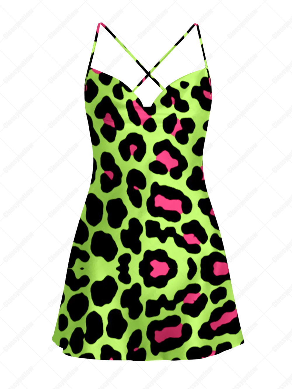 NEON LEOPARD SATIN CROSS BACK MINI DRESS