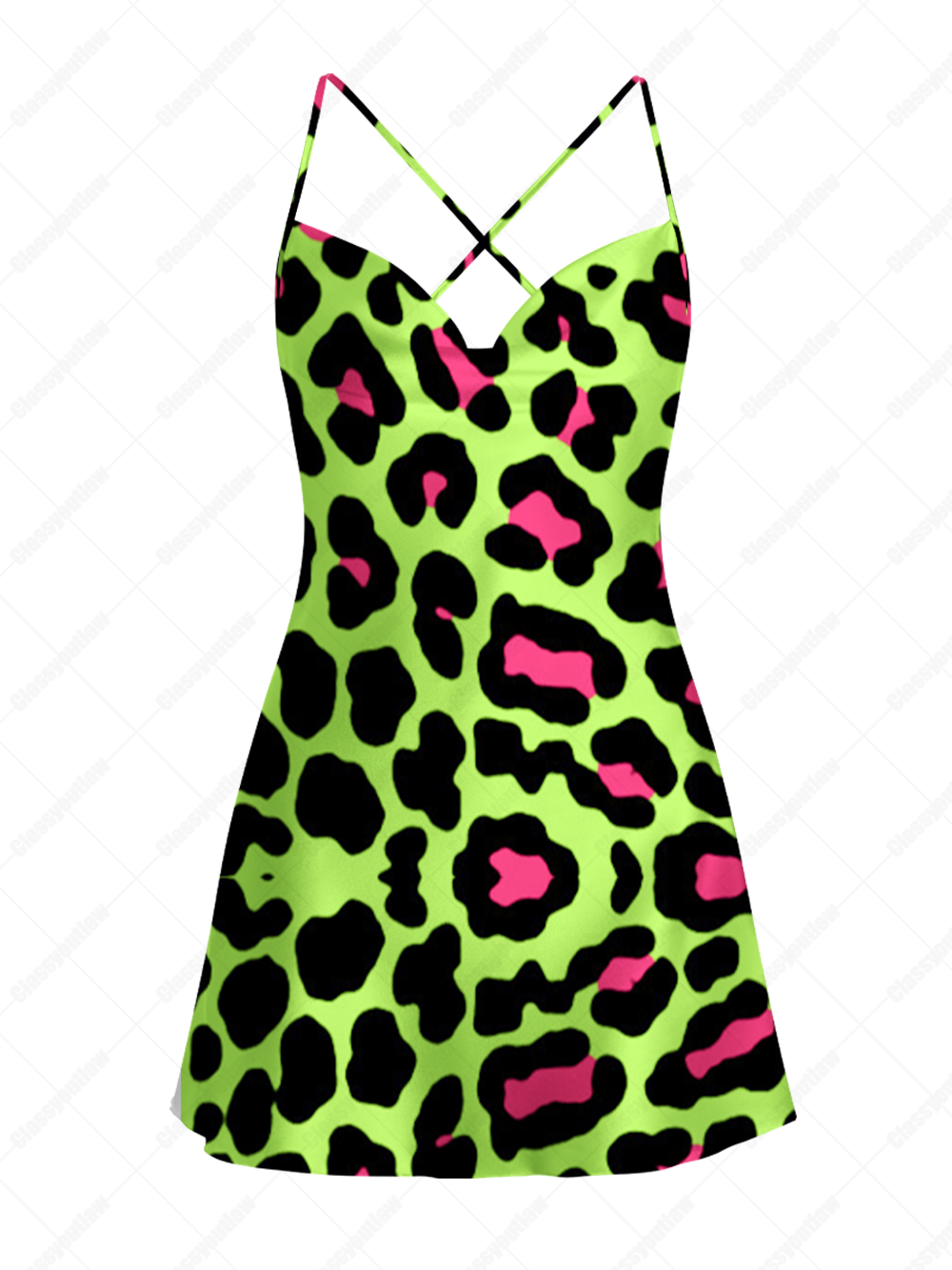Neon Leopard Satin Cross Back Mini Dress