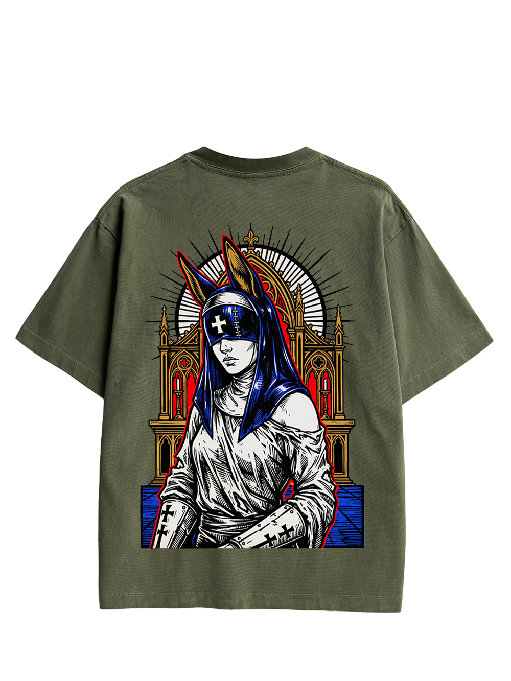 GOTHIC NUN WITH BUNNY EARS CHURCH DOUBLE SIDED PRINT WASHED TSHIRT