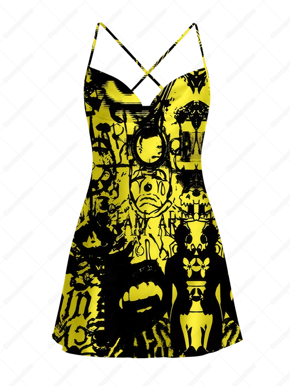 PUNK VISION EYE SATIN CROSS BACK MINI DRESS