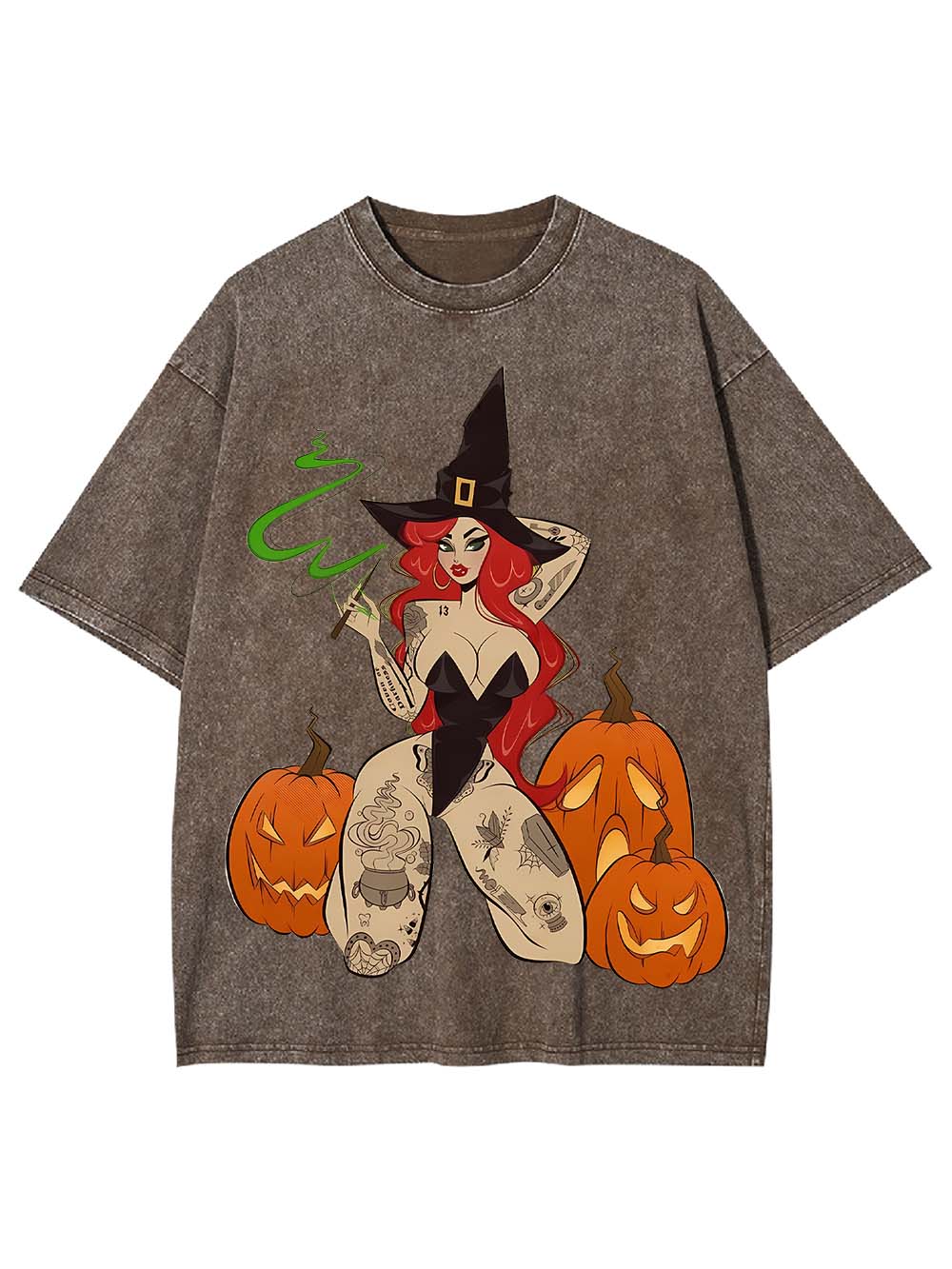 Tattooed Witch and Pumpkins Washed Tshirt