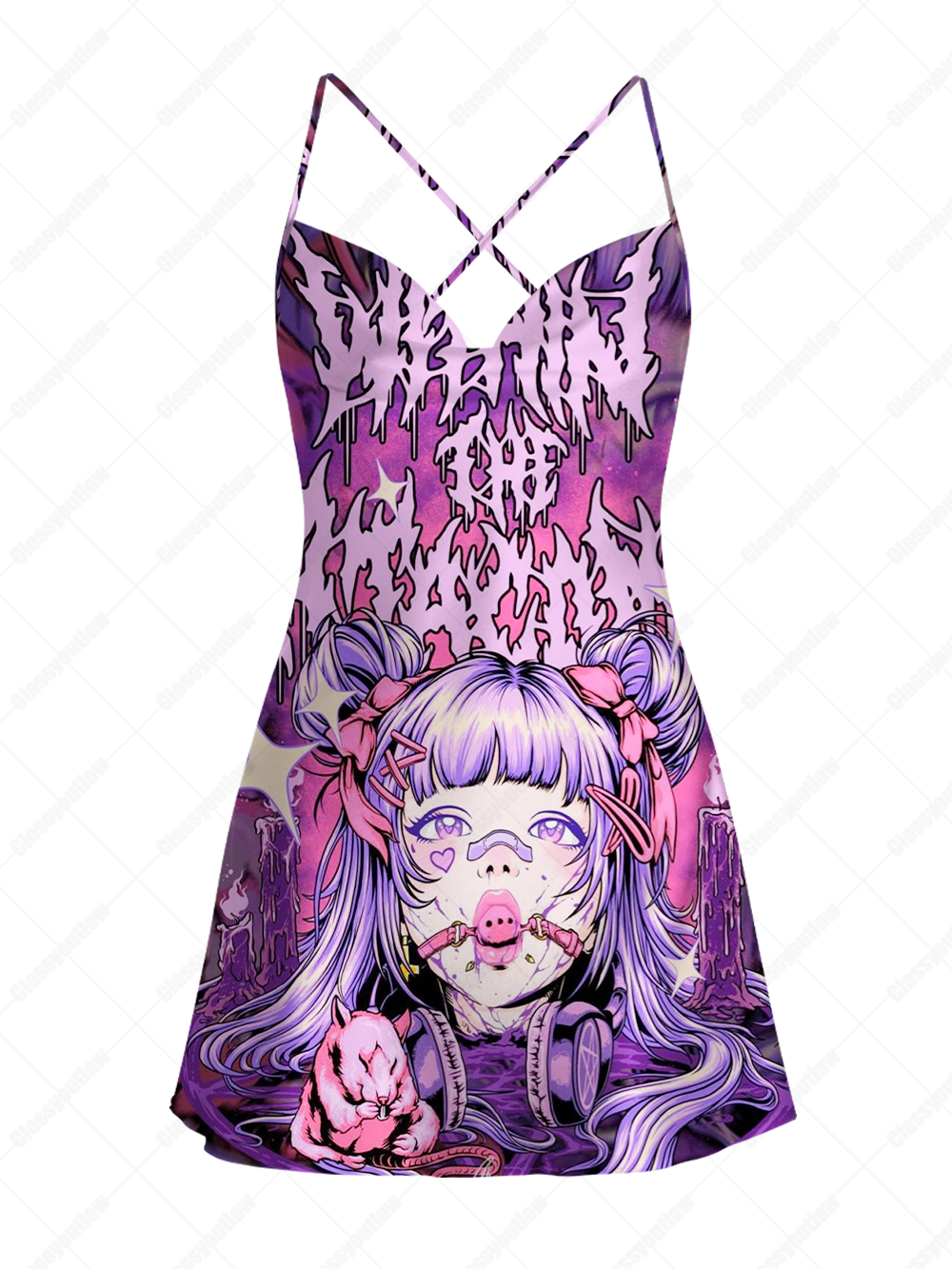 DESIRE PURPLE GOTHIC ANIME GIRL SATIN CROSS BACK MINI DRESS