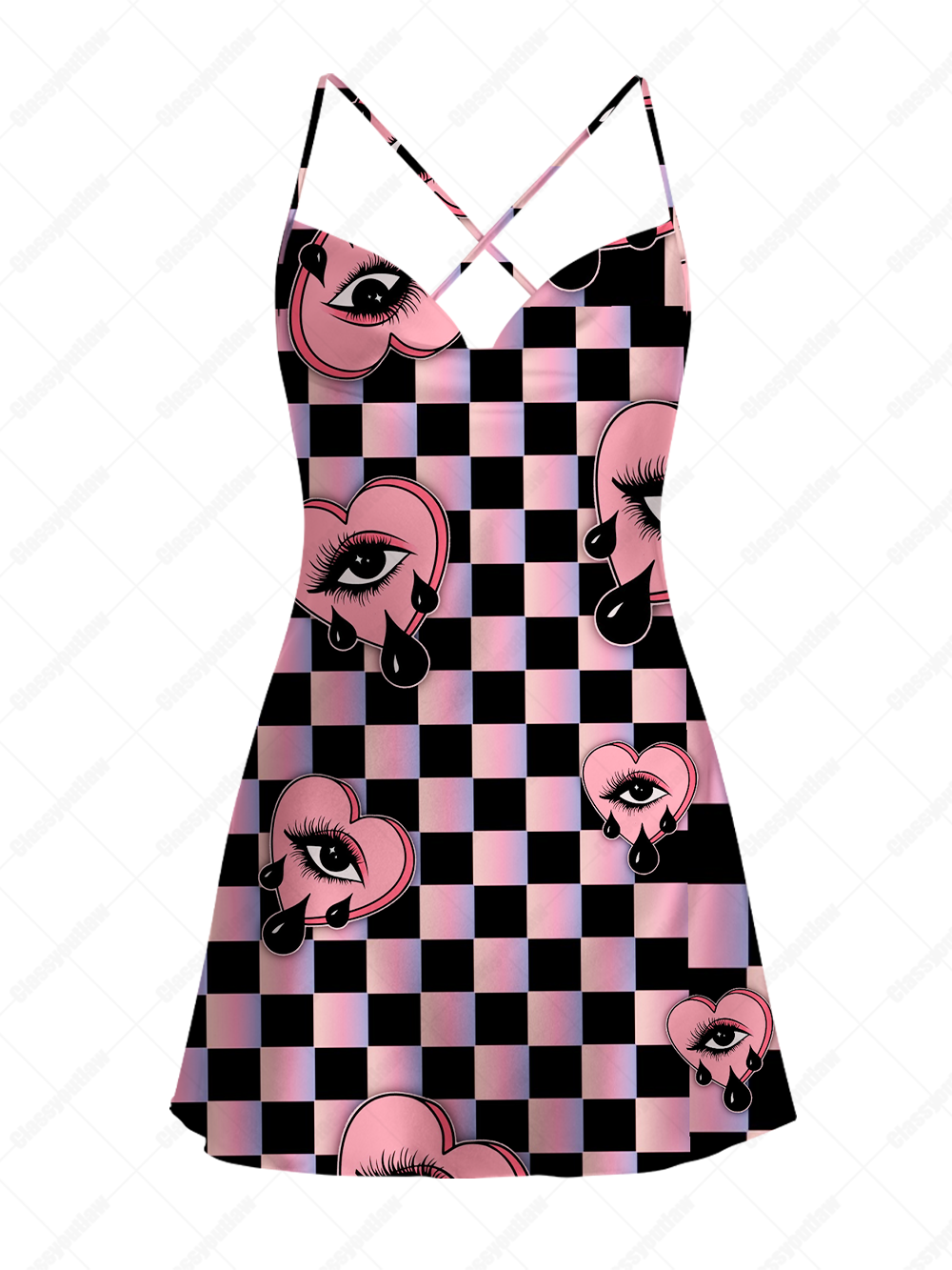 PINK CHECKERED CRYING HEART SATIN CROSS BACK MINI DRESS