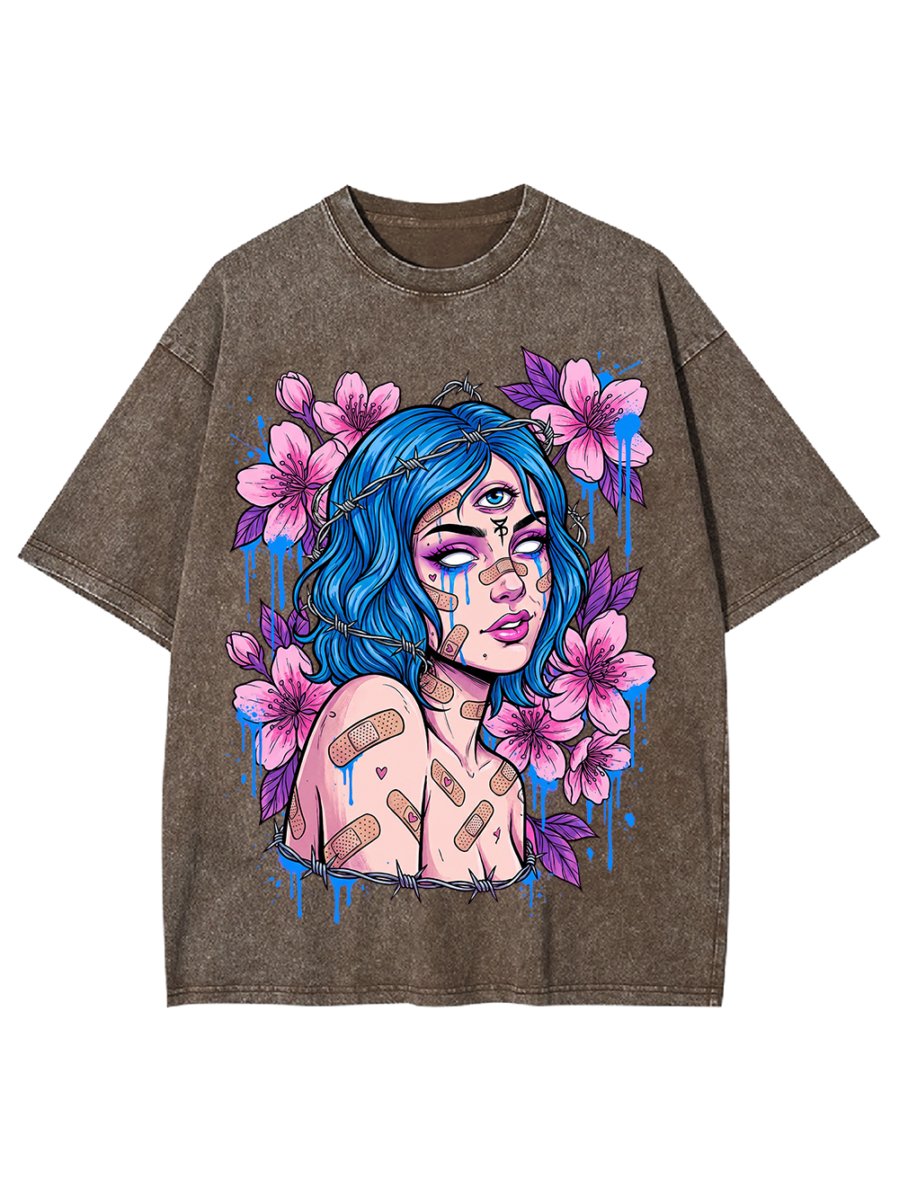BLUE HAIRED BLOSSOM GIRL WASHED TSHIRT