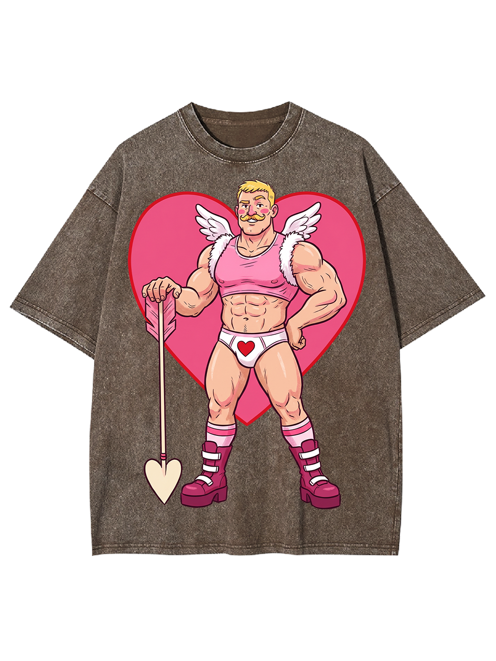 MUSCULAR CUPID IN PINK HEART OUTFIT WASHED TSHIRT
