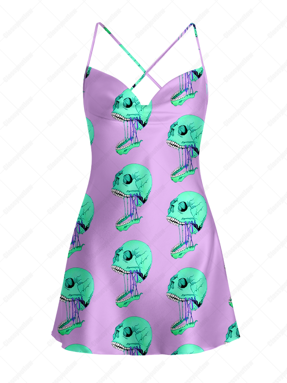 JELLYFISH SKULLS SATIN CROSS BACK MINI DRESS