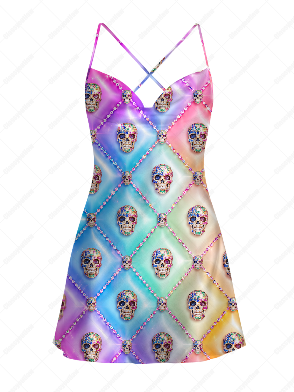 PASTEL SUGAR SKULLS SATIN CROSS BACK MINI DRESS