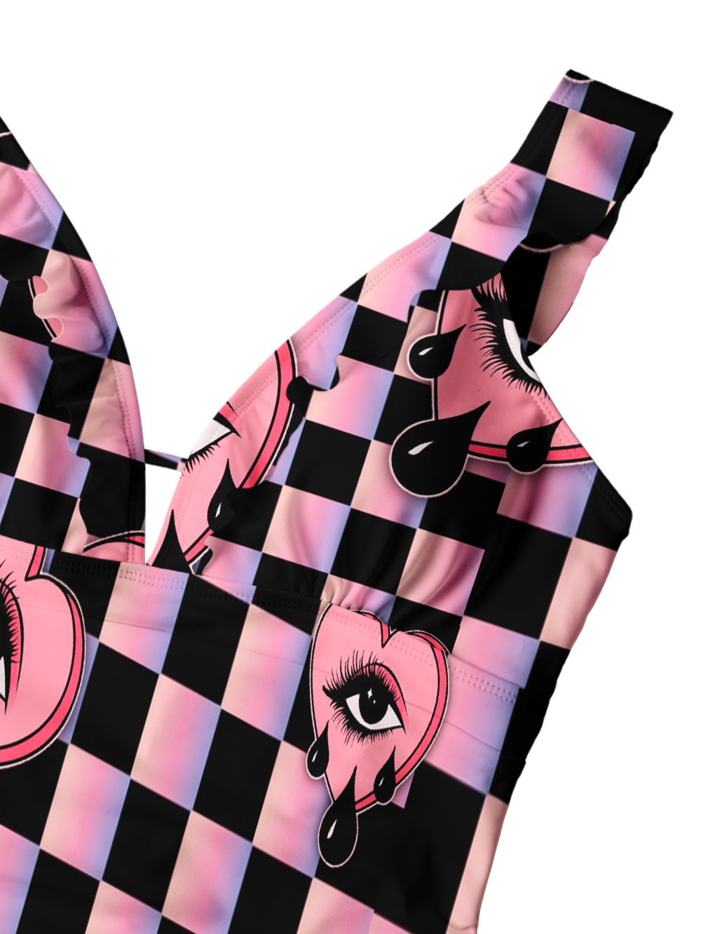 PINK CHECKERED CRYING HEART V-NECK ONE PIECE SWIMSUIT