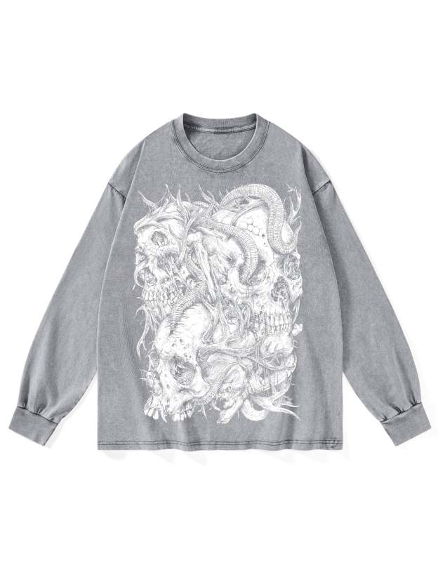Skulls Washed Long-Sleeve Tshirt-ClassyOutlaw