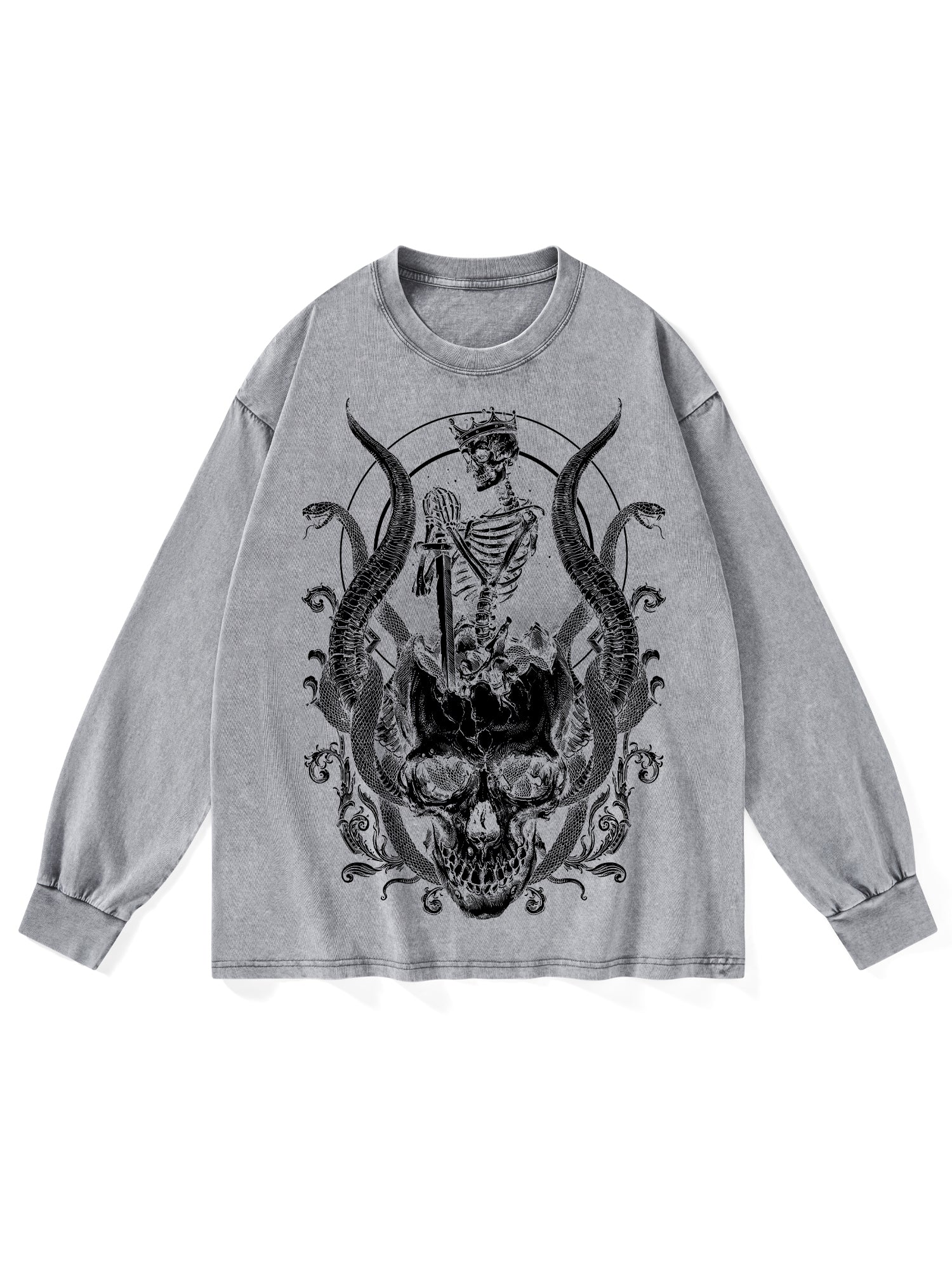 Skeleton King Washed Long-Sleeve Tshirt-ClassyOutlaw