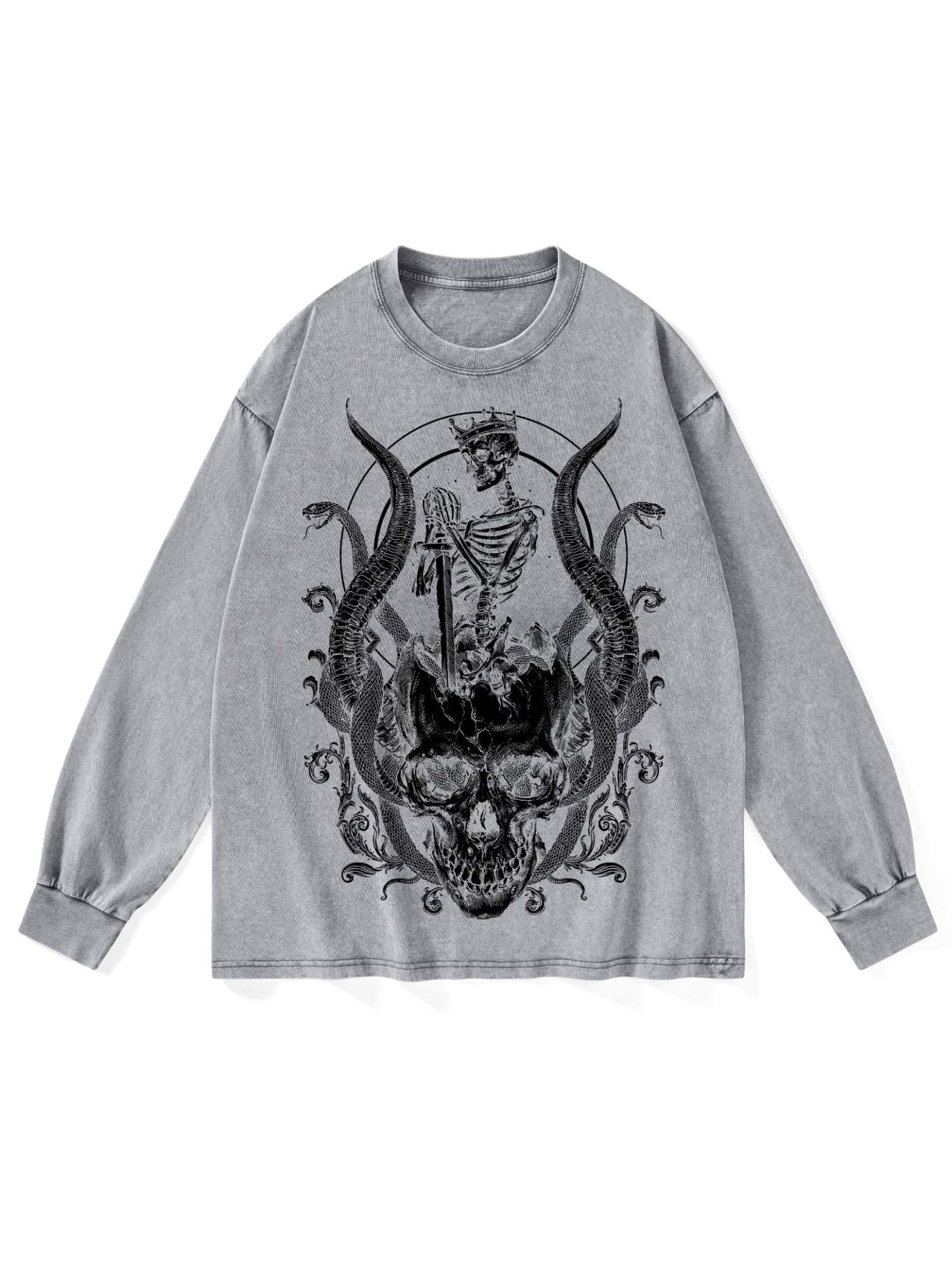 Skeleton King Washed Long-Sleeve Tshirt-ClassyOutlaw