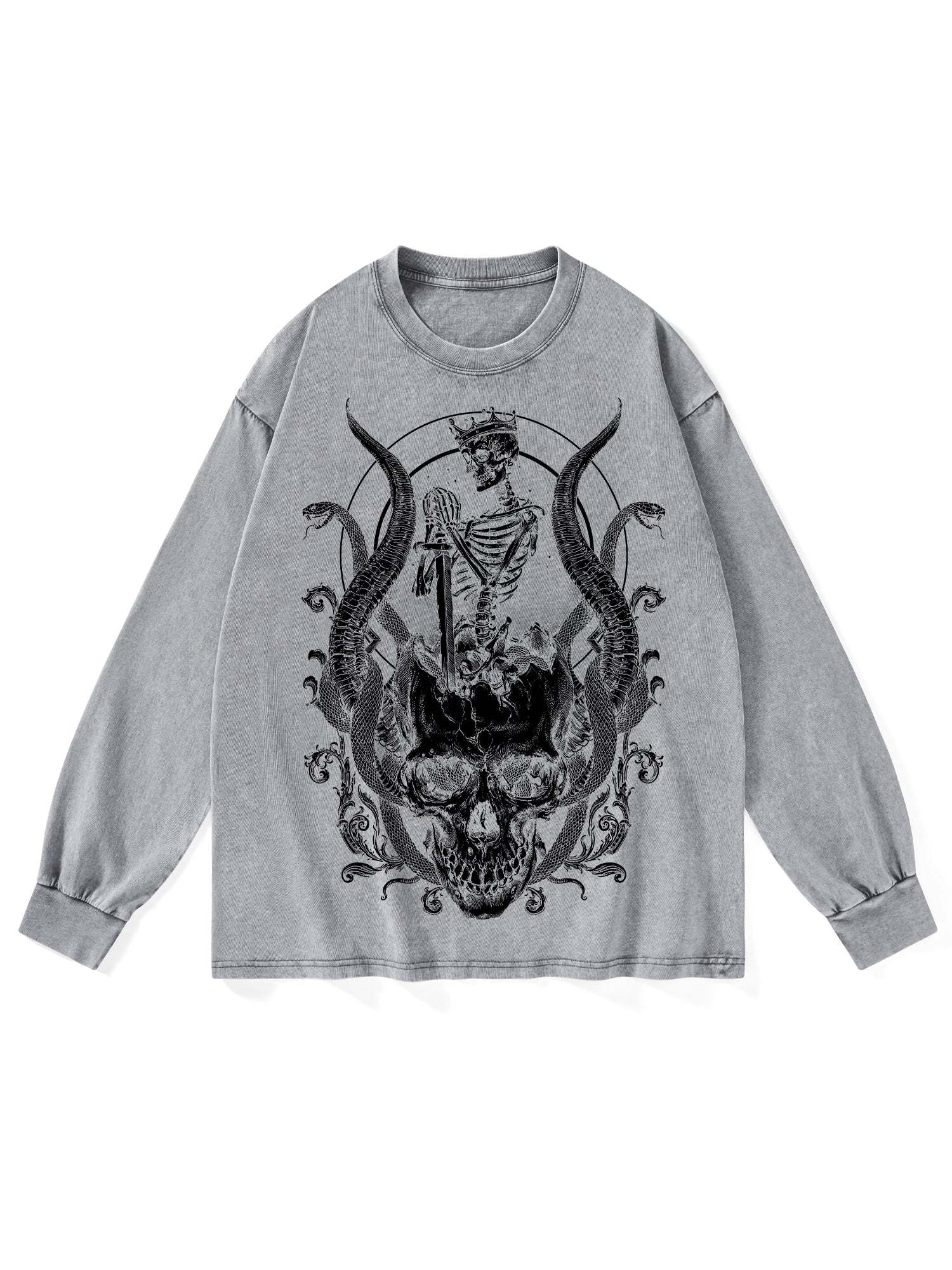 Skeleton King Washed Long-Sleeve Tshirt-ClassyOutlaw
