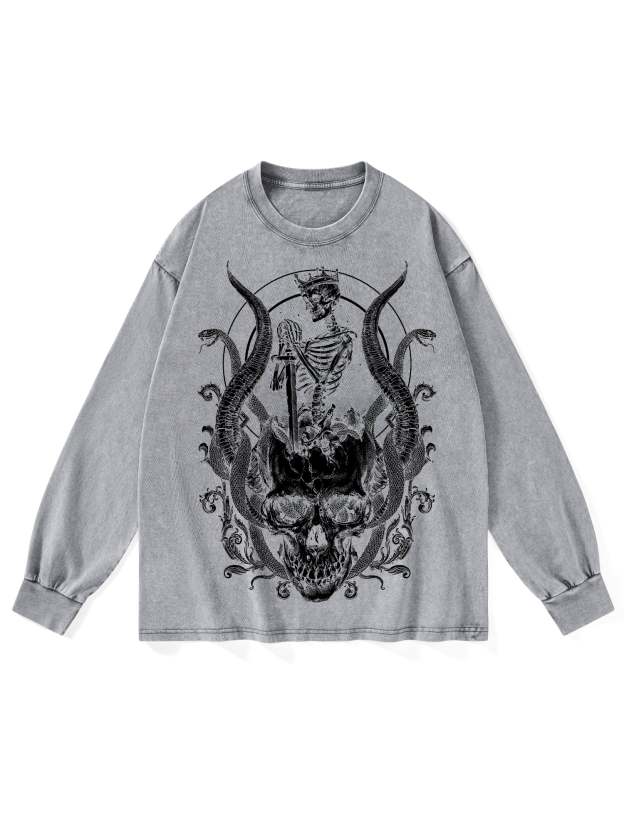 Skeleton King Washed Long-Sleeve Tshirt-ClassyOutlaw