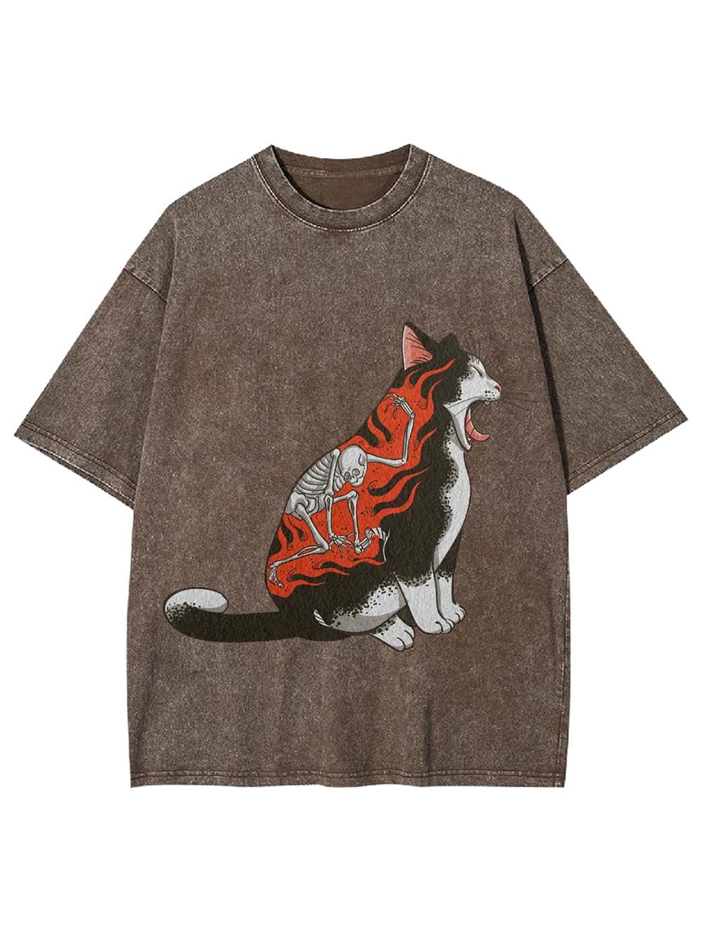 Flaming Skeleton Cat Washed Tshirt