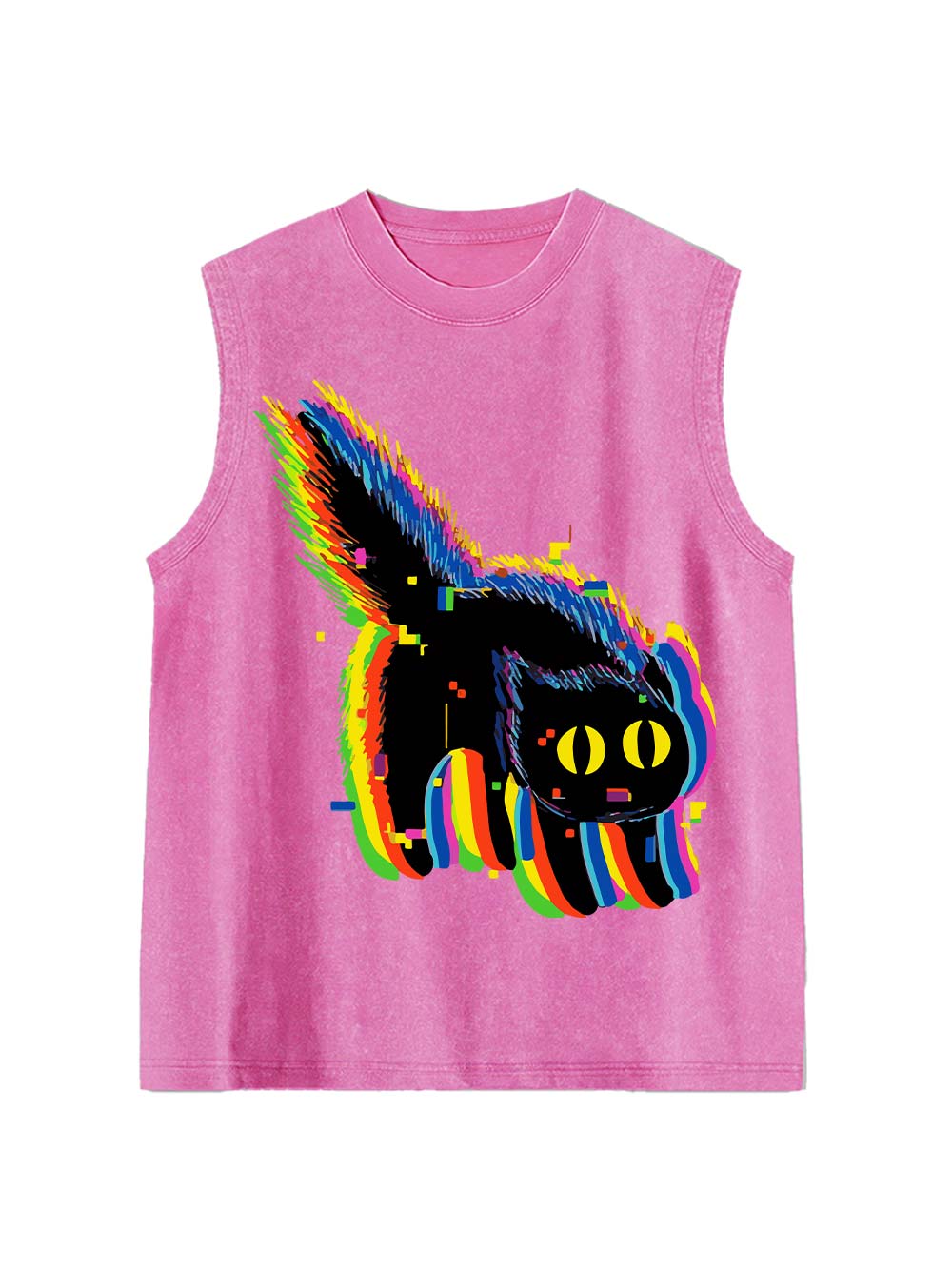 Glitchy Neon Cat Washed Tank Top