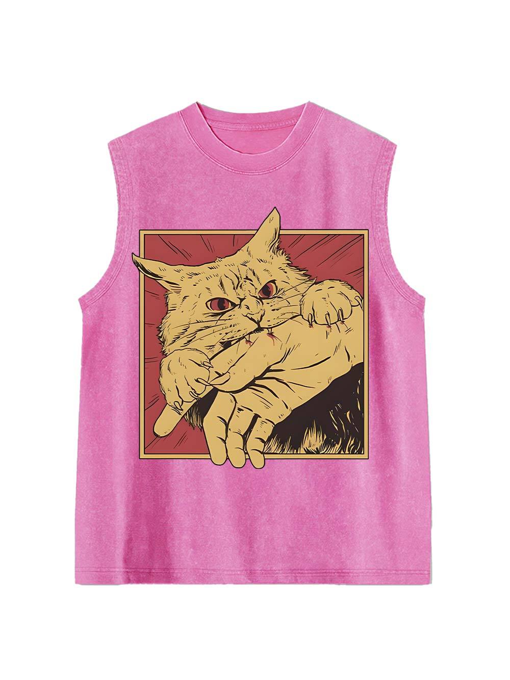 Defensive Cat with Stick Washed Tank Top