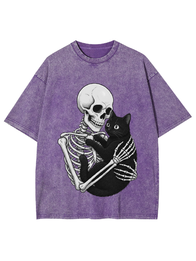 Skeleton & Black Cat Washed Tshirt