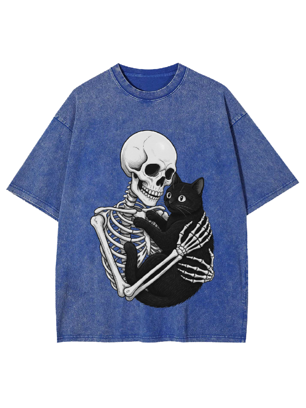 Skeleton & Black Cat Washed Tshirt
