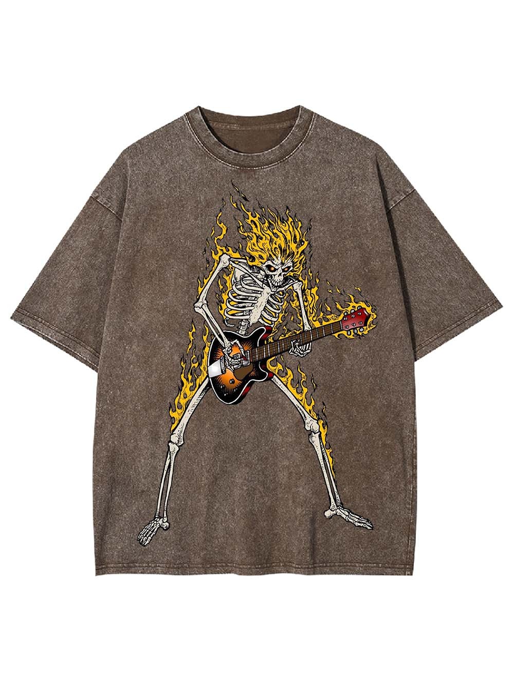 Flaming Skeleton Guitarist Washed Tshirt