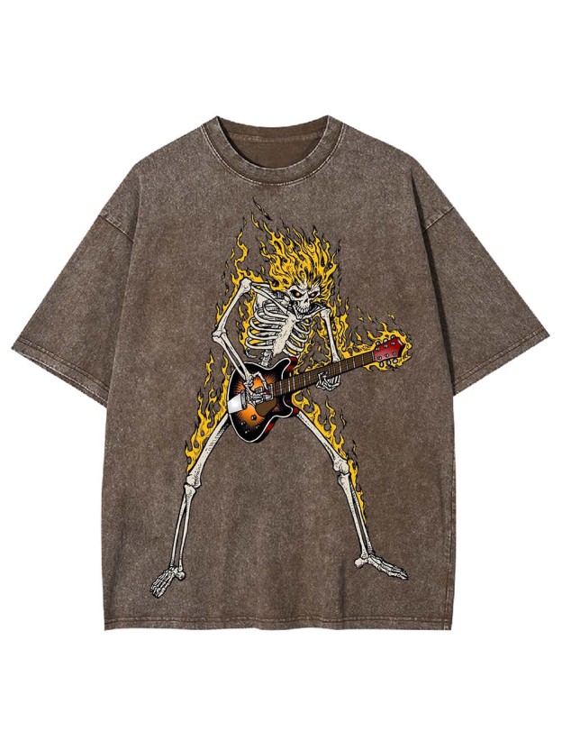 Flaming Skeleton Guitarist Washed Tshirt
