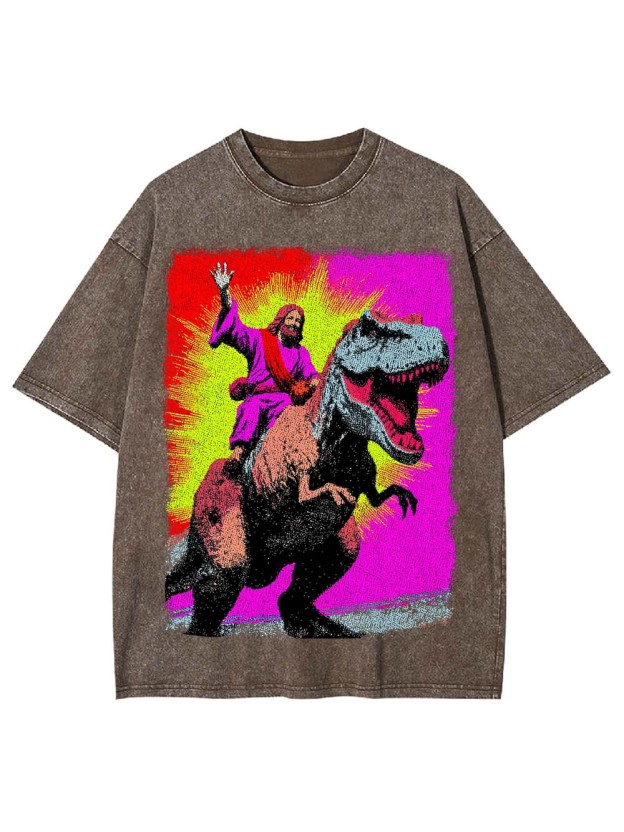 Jesus Riding Godzilla Washed Tshirt