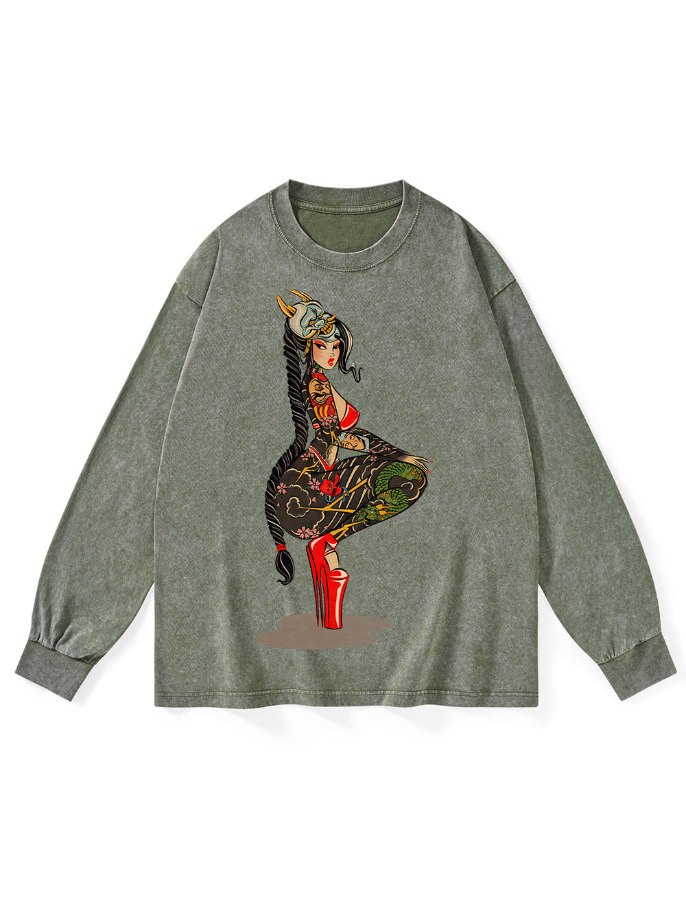 TATTOOED WARRIOR WASHED LONG-SLEEVE TSHIRT