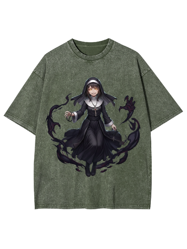 Dark Comic Nun Washed Tshirt
