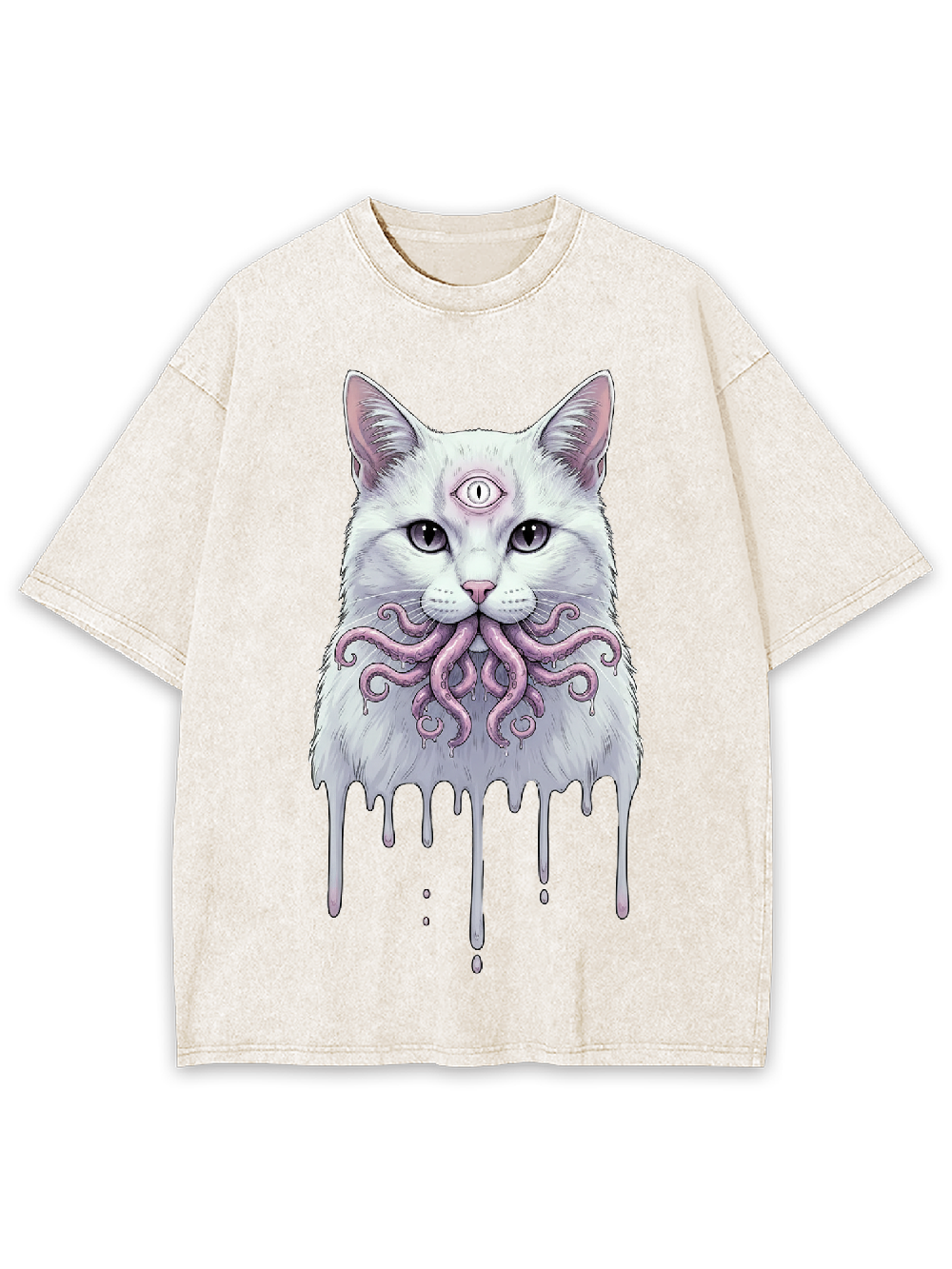 Octopus-Mouthed White Cat Washed Tshirt