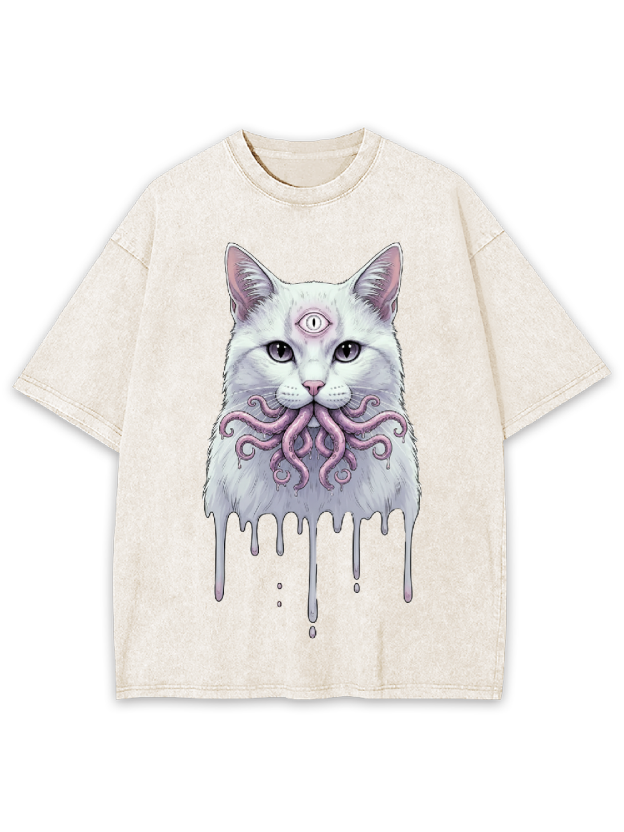 Octopus-Mouthed White Cat Washed Tshirt
