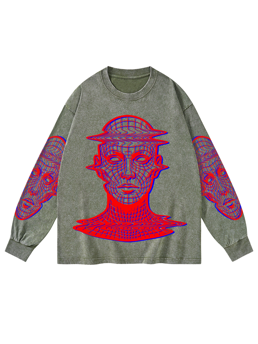 GLITCH WIREFRAME WASHED LONG-SLEEVE GRAPHIC TSHIRT
