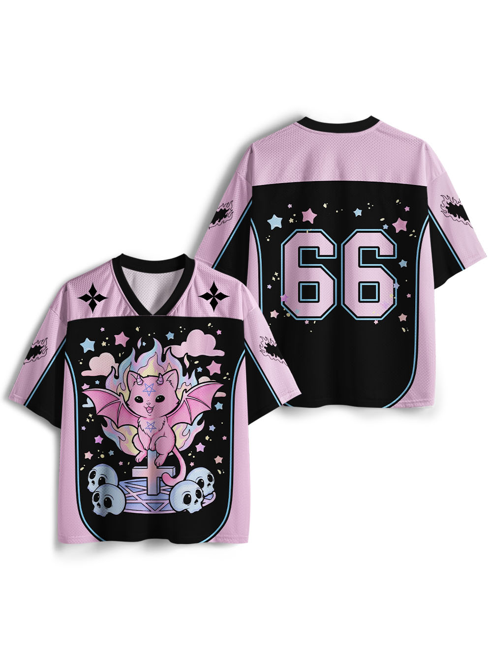 CUTE DEMON CAT ON SKULL ALTAR MESH JERSEY