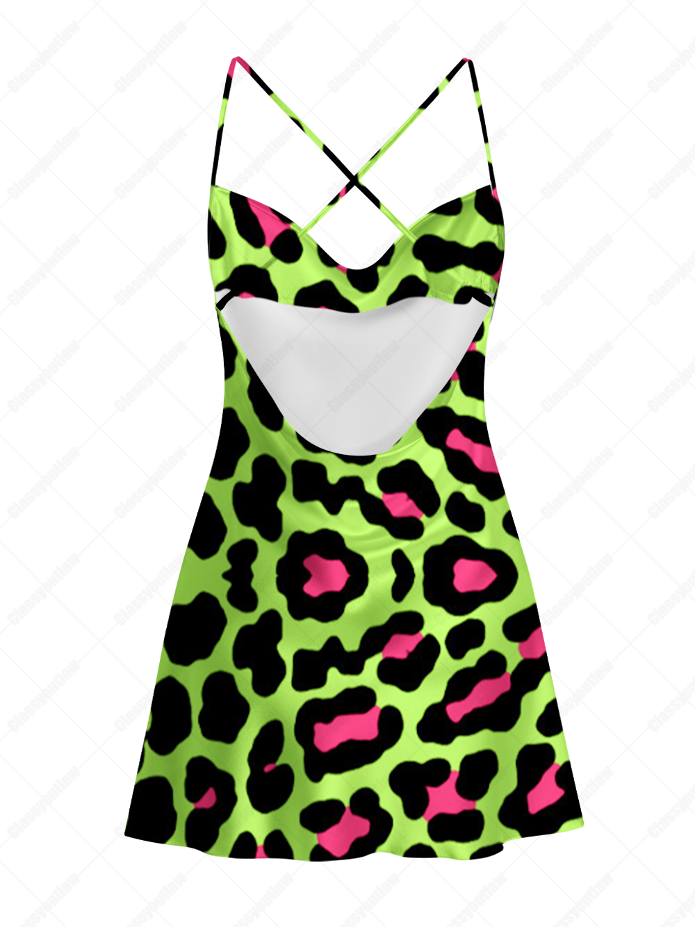 Neon Leopard Satin Cross Back Mini Dress