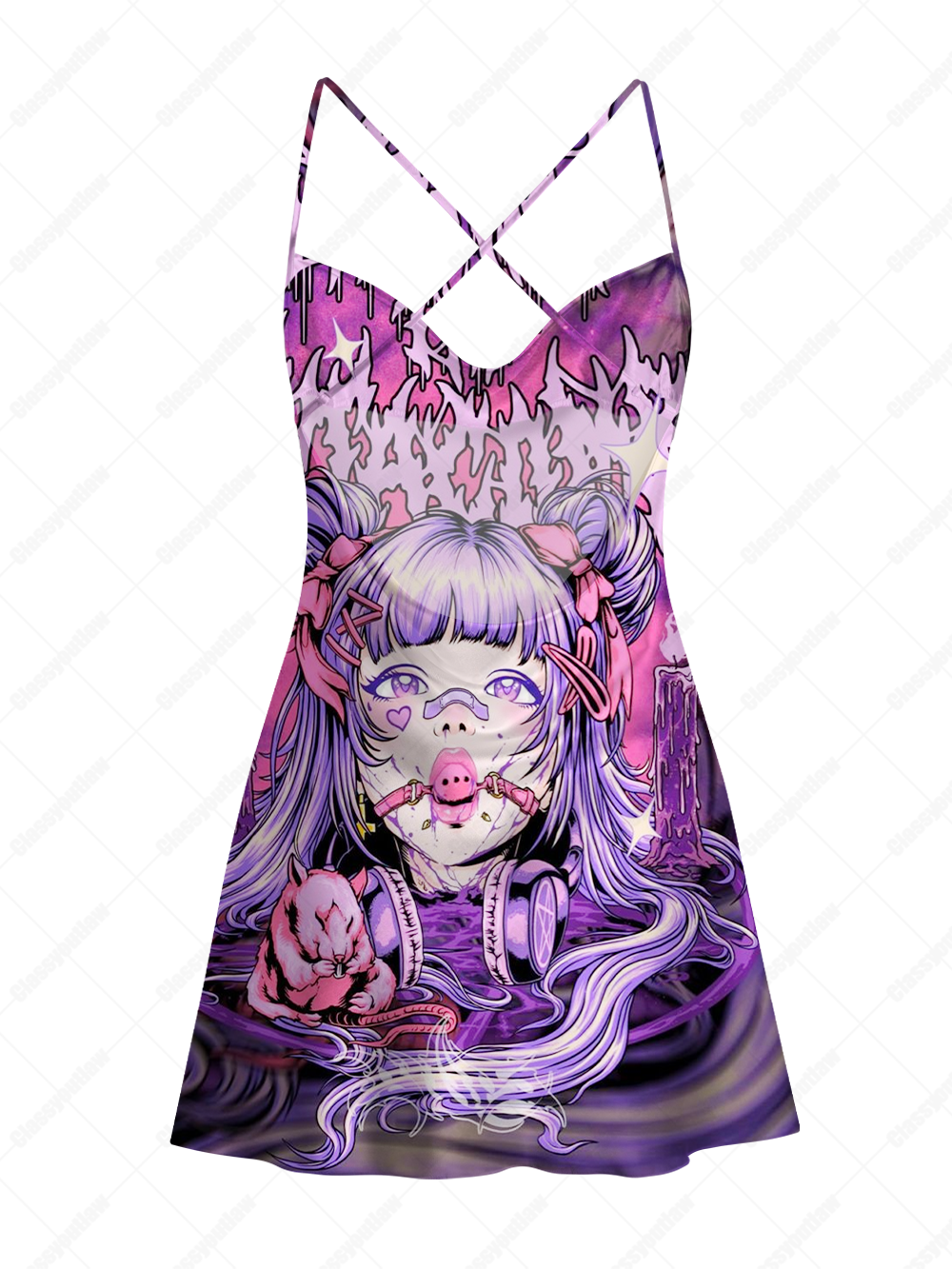 DESIRE PURPLE GOTHIC ANIME GIRL SATIN CROSS BACK MINI DRESS