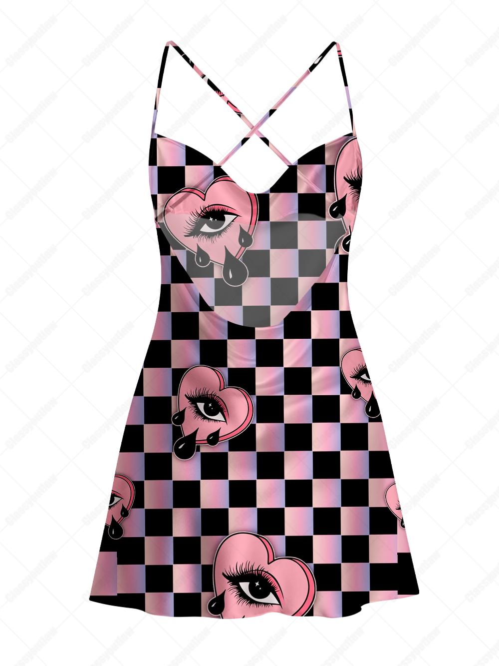 PINK CHECKERED CRYING HEART SATIN CROSS BACK MINI DRESS