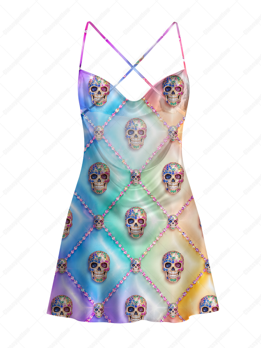 PASTEL SUGAR SKULLS SATIN CROSS BACK MINI DRESS