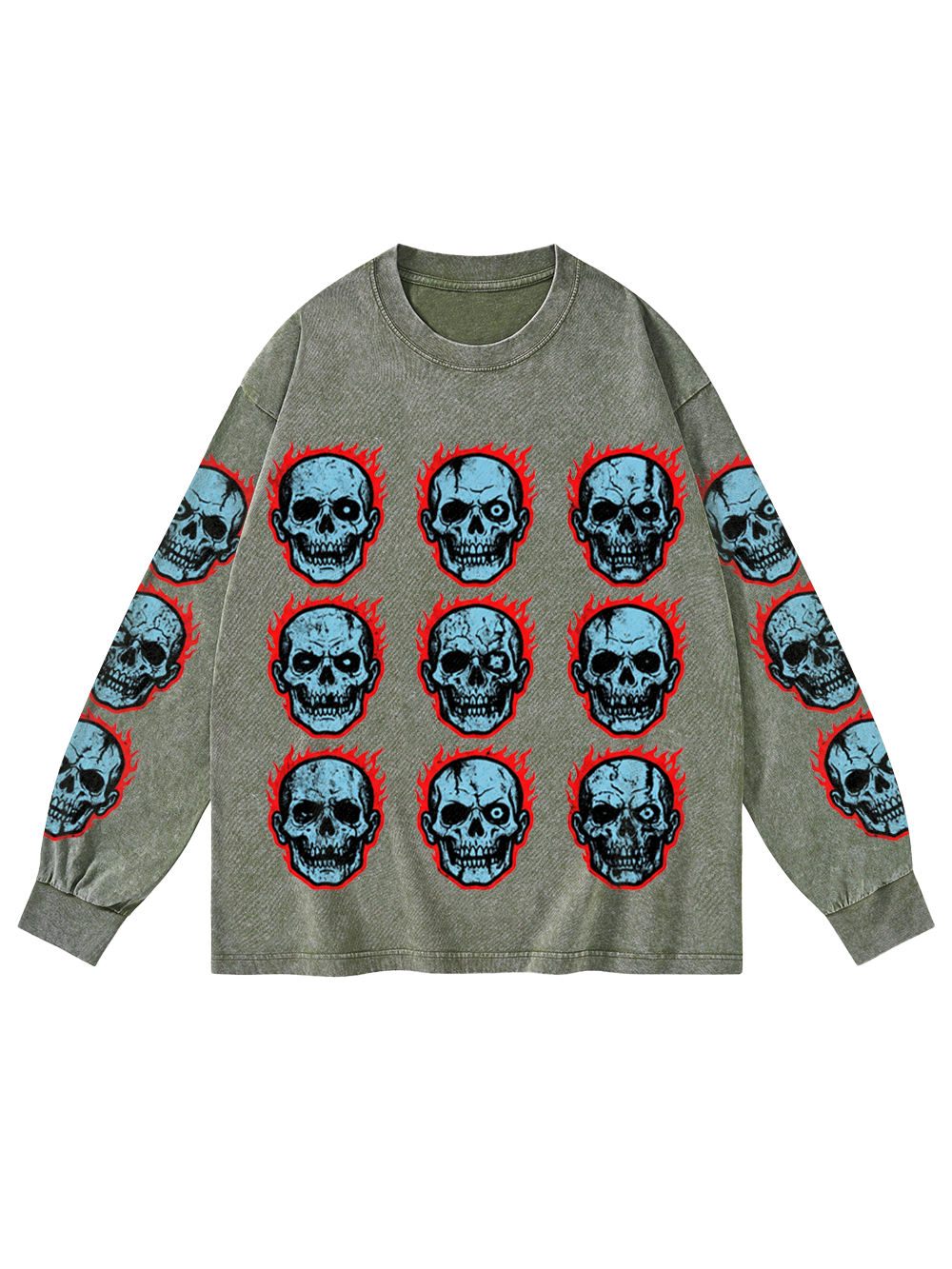 SKULL GRID WASHED LONG-SLEEVE GRAPHIC TSHIRT