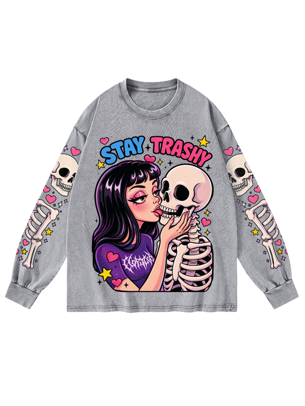 SKULL KISS WASHED LONG-SLEEVE GRAPHIC TSHIRT