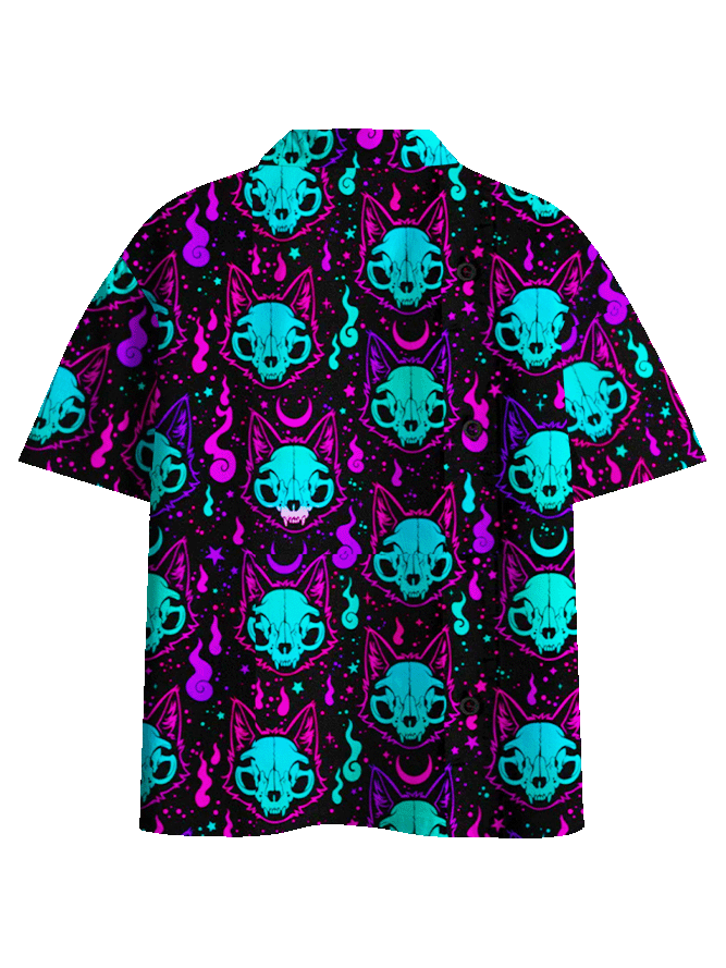 NEON CAT SKULL BUTTON UP POCKET SHIRT