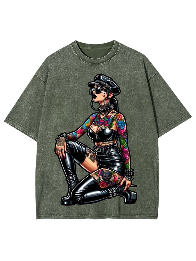 Pinup in Leather and Spikes Washed Tshirt