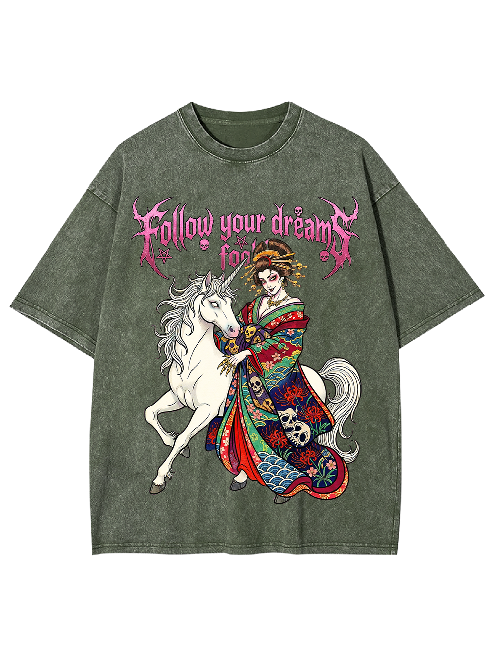 Dark Geisha on White Horse Washed Tshirt