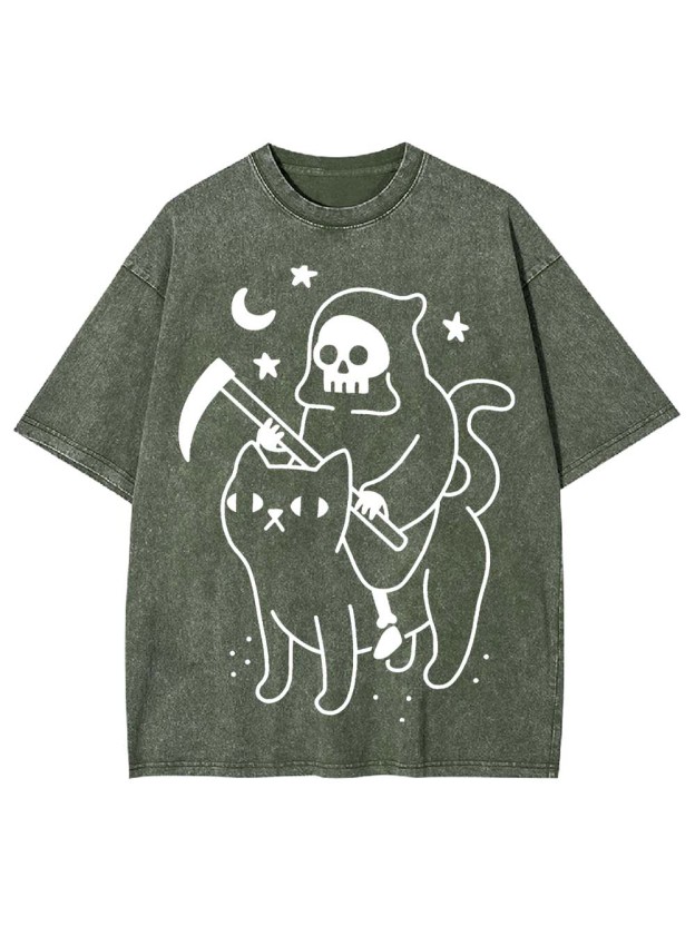 Grim Reaper's Cat Ride Washed Tshirt