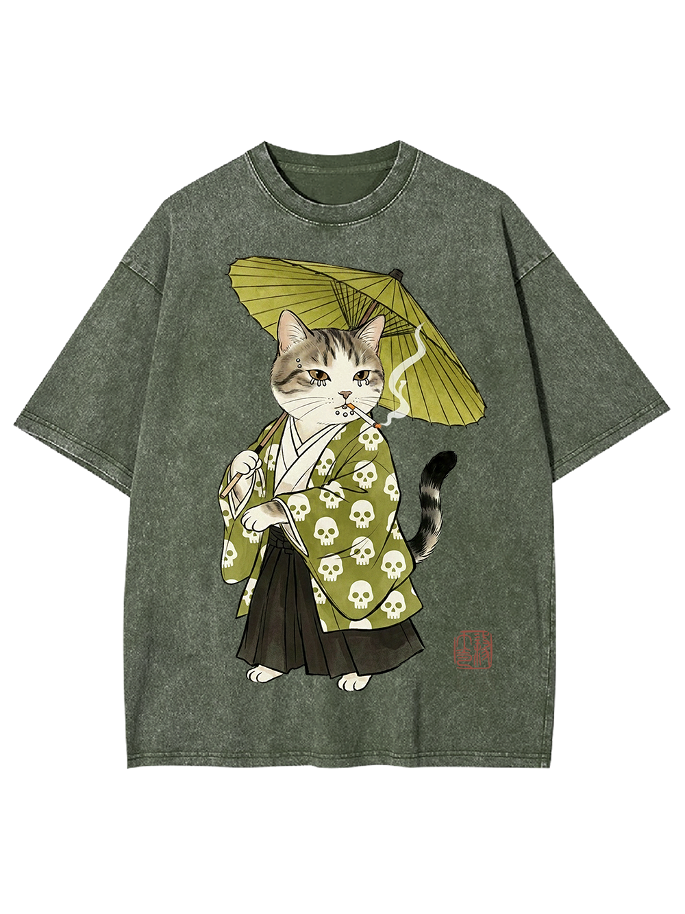 Samurai Cat Ukiyo-e Washed Tshirt
